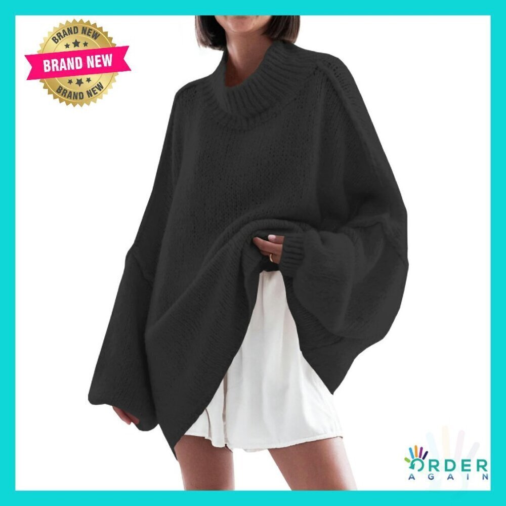Oversized Mock Neck Batwing Sweater Ribbed Knit Tunic Chic Casual